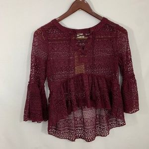 Paper Crane Burgundy Bell Sleeve Lace Top